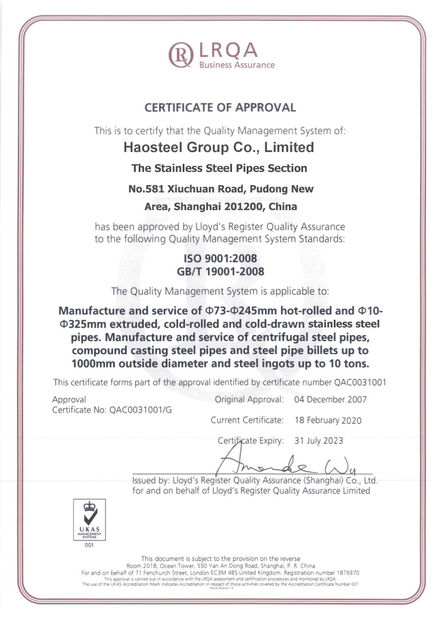 China Shanghai Haosteel Co., Limited certificaten