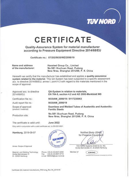 China Shanghai Haosteel Co., Limited certificaten